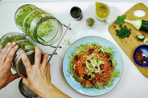 Rotkleesprossen mit Zucchininudeln und getrockneten Tomaten (Video)