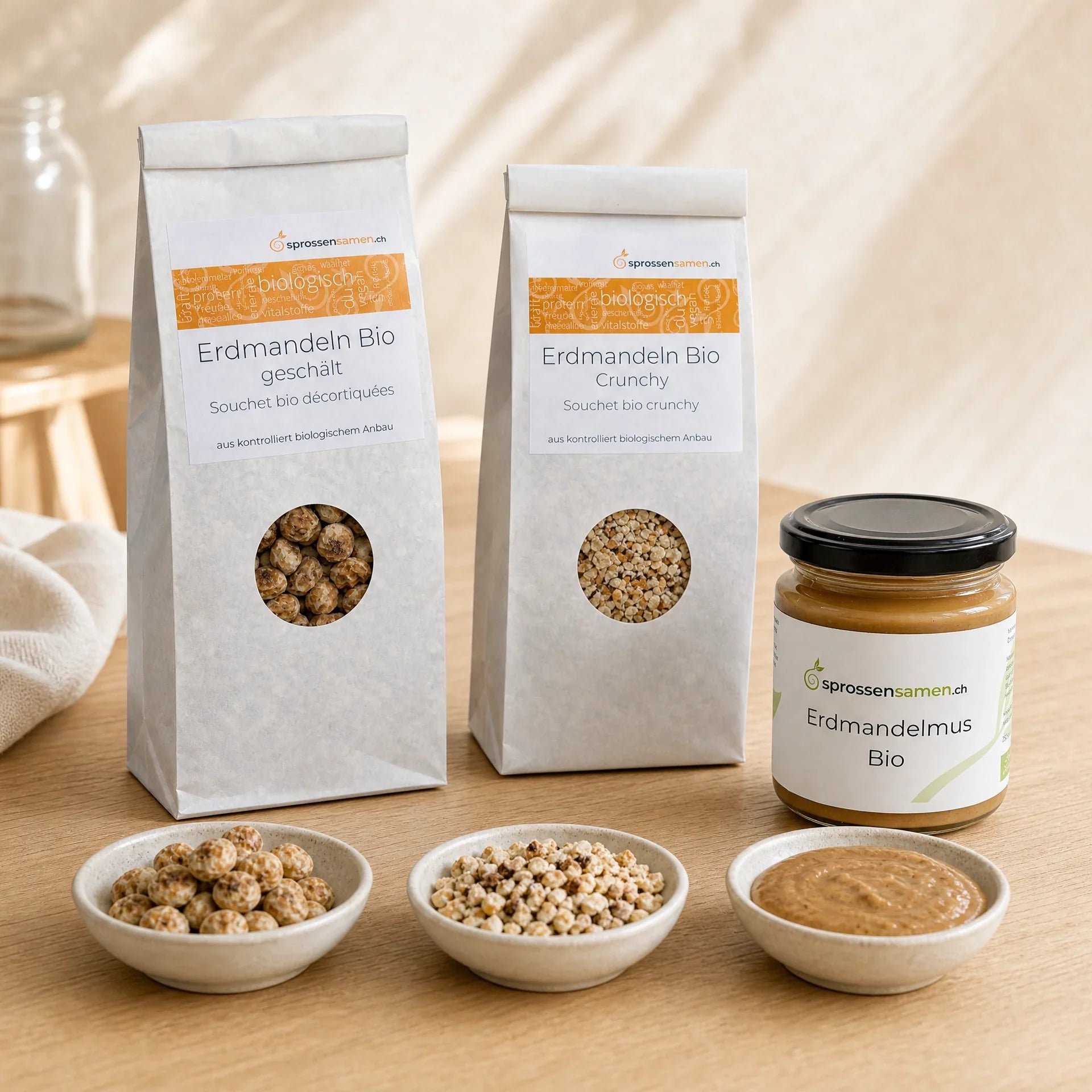 Bio-Erdmandeln geschält, Erdmandeln Crunchy und Erdmandelmus im Vergleich