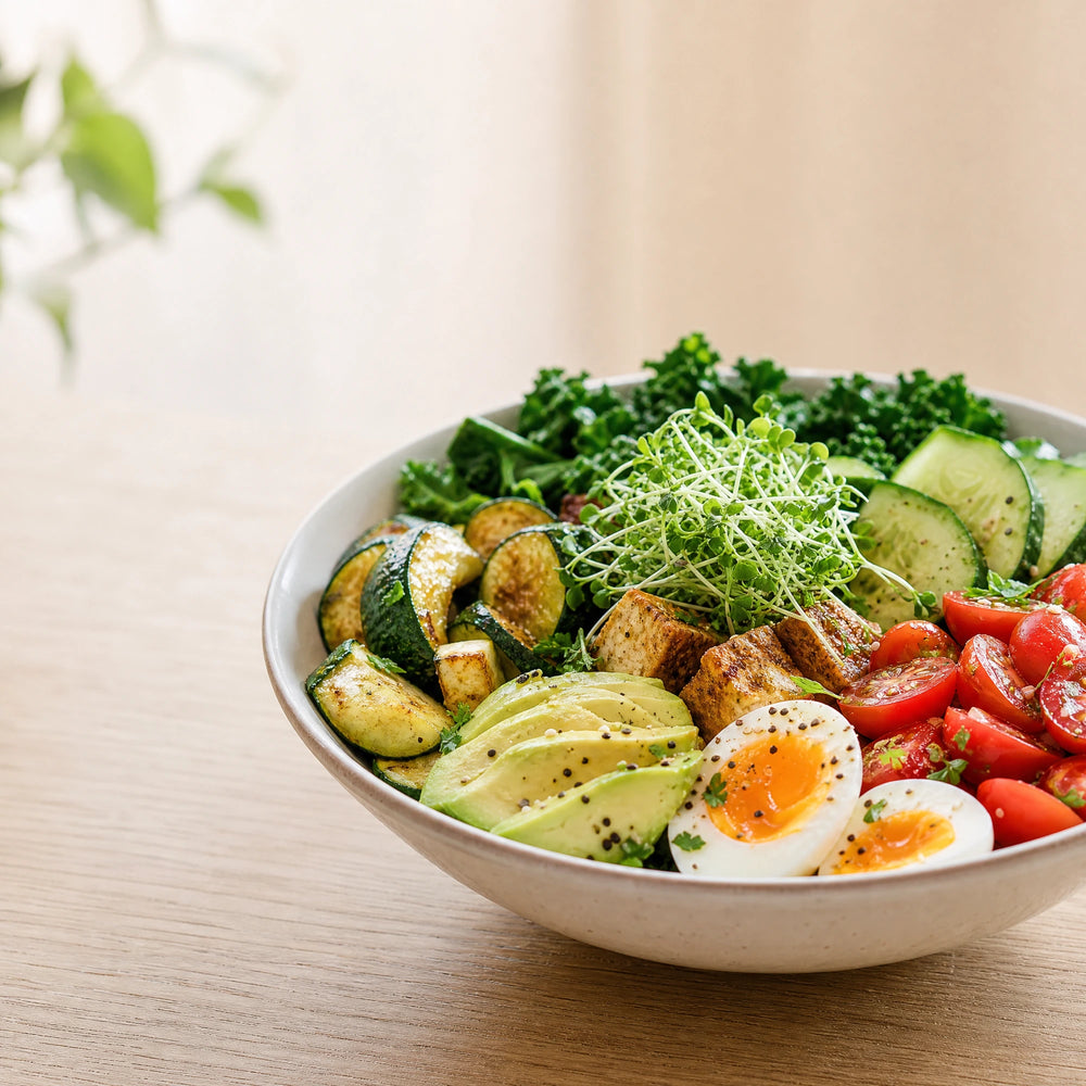 Kohlenhydratarme Lebensmittel – Food-First-Bild für Inhaltsabschnitt 1; gemüsebetonte Mahlzeit mit frischen Brokkoli-Sprossen