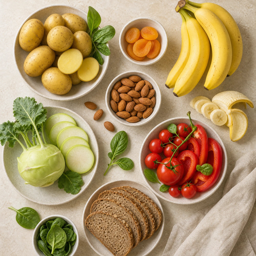 Kalium Lebensmittel – text 3; Food-First-Motiv mit frischen Lebensmitteln und Sprossen
