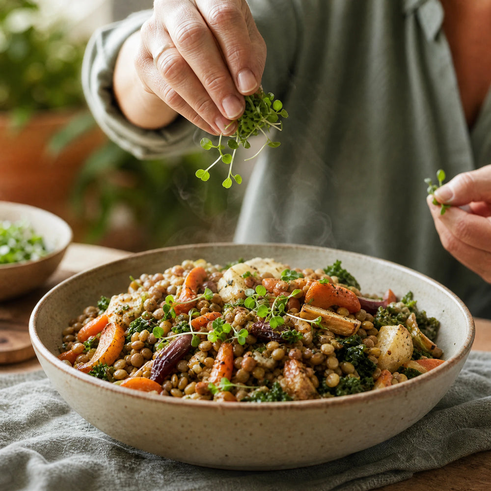 Stoffwechsel anregen – Food-First-Bild für Inhaltsabschnitt 3; natürliche Mahlzeit mit Lebensmitteln und Sprossen