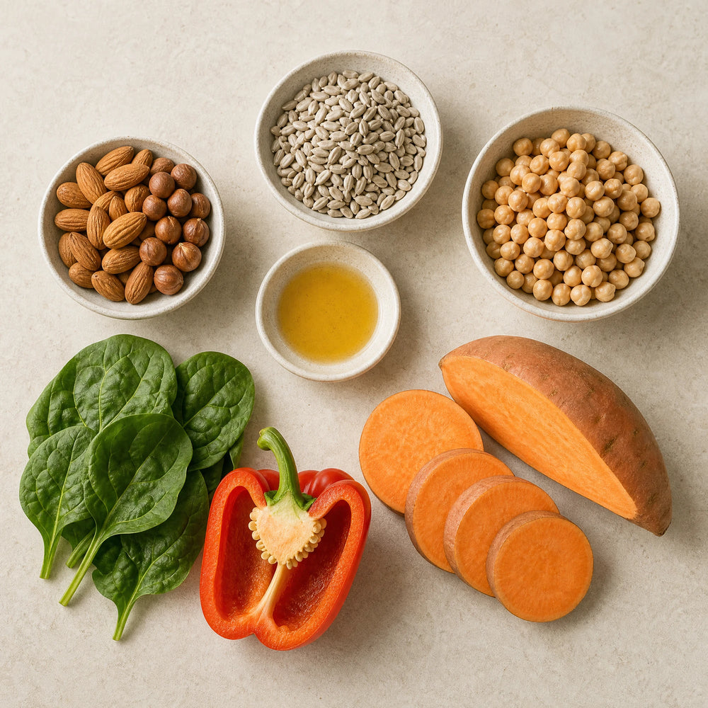 Vitamin E Lebensmittel – text 3; Food-First-Motiv mit frischen Lebensmitteln und Sprossen