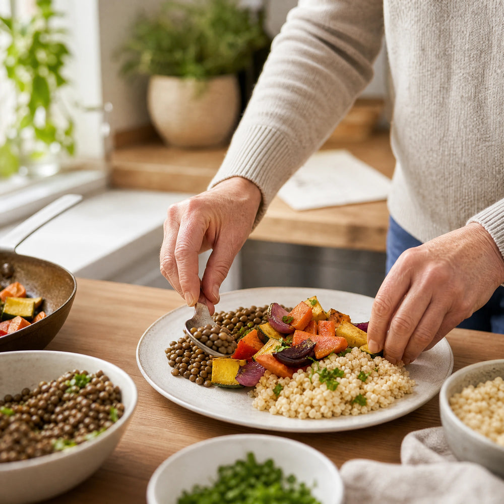 Glykämischer Index – Food-First-Bild für Inhaltsabschnitt 4; natürliche Mahlzeit mit Lebensmitteln und Sprossen
