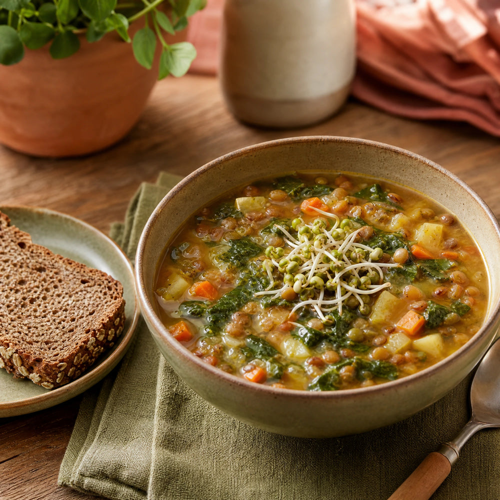 Gemüse Linsen Suppe mit Vollkornbrot und frischen Sprossen