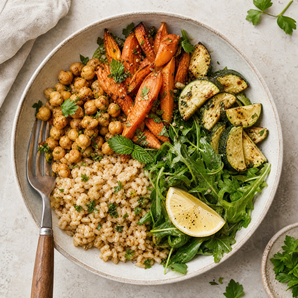 Glykämischer Index – Food-First-Bild für Inhaltsabschnitt 5; natürliche Mahlzeit mit Lebensmitteln und Sprossen