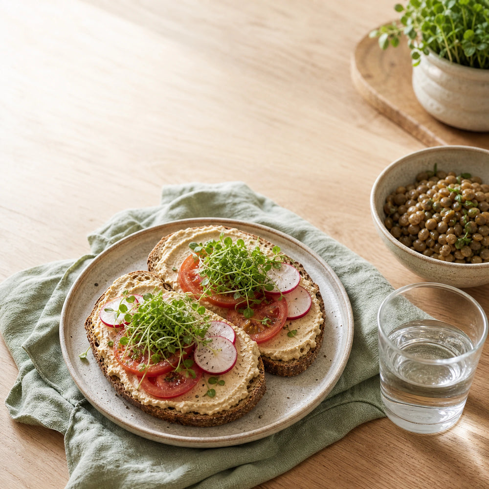 Stoffwechsel anregen – Food-First-Bild für Inhaltsabschnitt 6; natürliche Mahlzeit mit Lebensmitteln und Sprossen