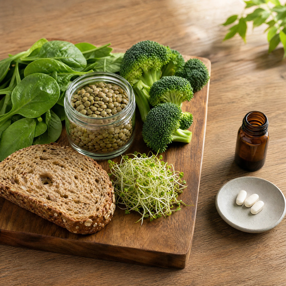 Natürliche Folatquellen mit Spinat, Linsen, Brokkoli, Vollkornbrot und Sprossen