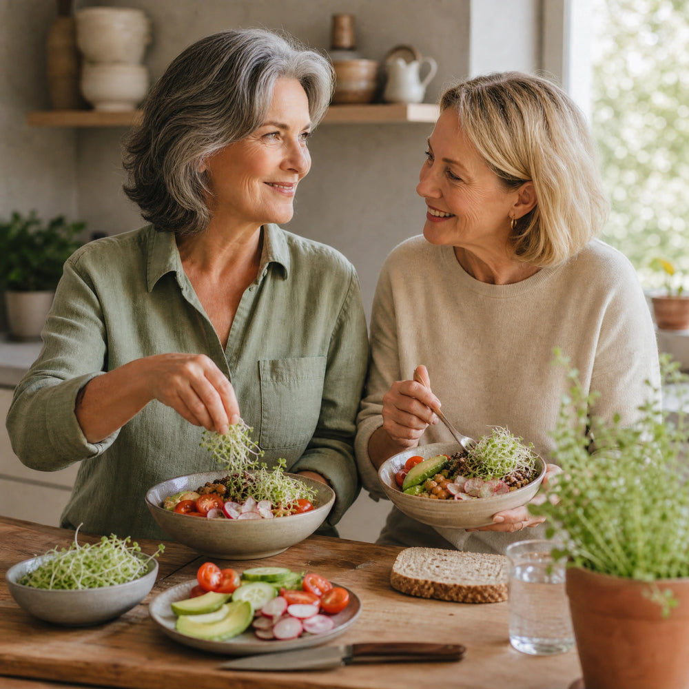 Zwei Menschen ab 50 bereiten eine bunte Mahlzeit mit frischem Gemüse und Sprossen zu.