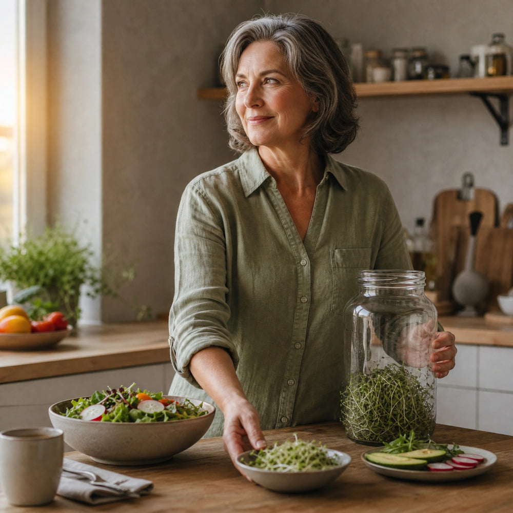Frau ab 50 stellt ein Keimglas und frische Sprossen für eine einfache Mahlzeit bereit.