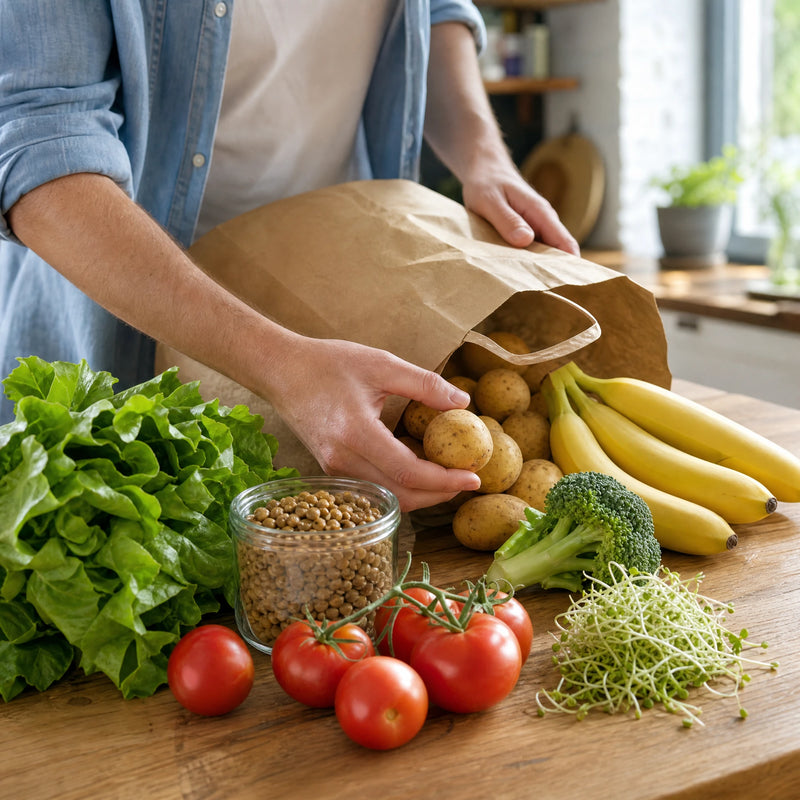 Einkauf mit Kartoffeln, Bananen, Blattgrün, Hülsenfrüchten und frischen Sprossen