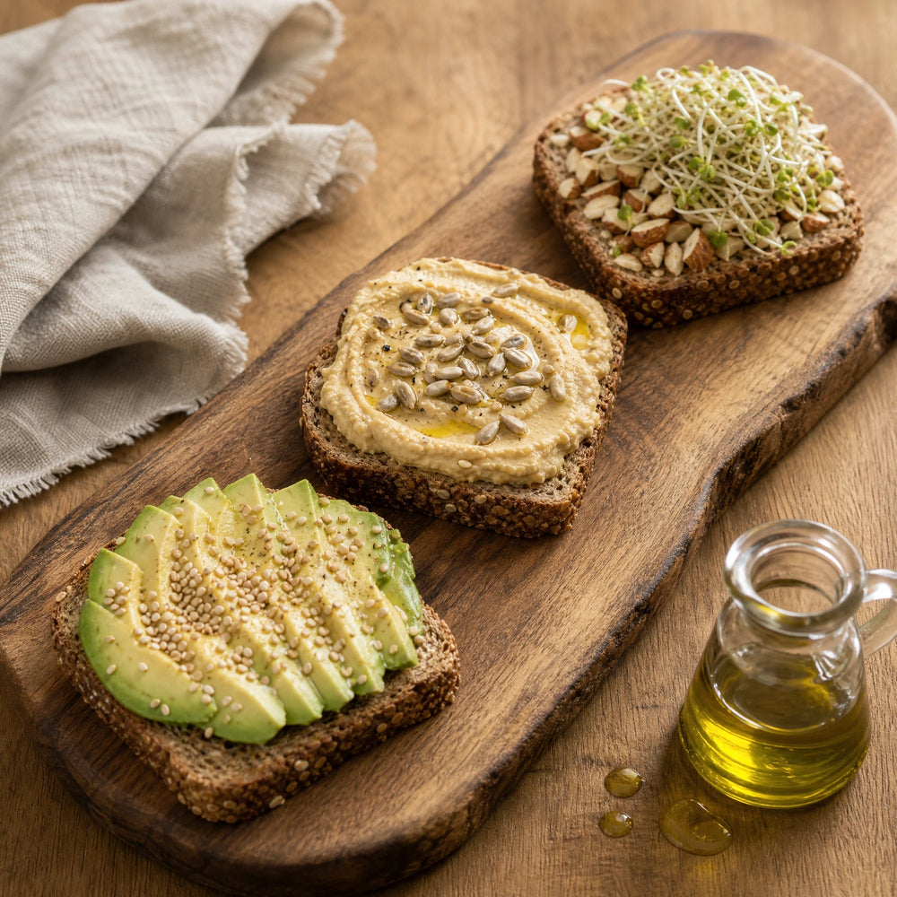 Vollkornbrote mit Avocado, Hummus, Nüssen, Samen und frischen Sprossen