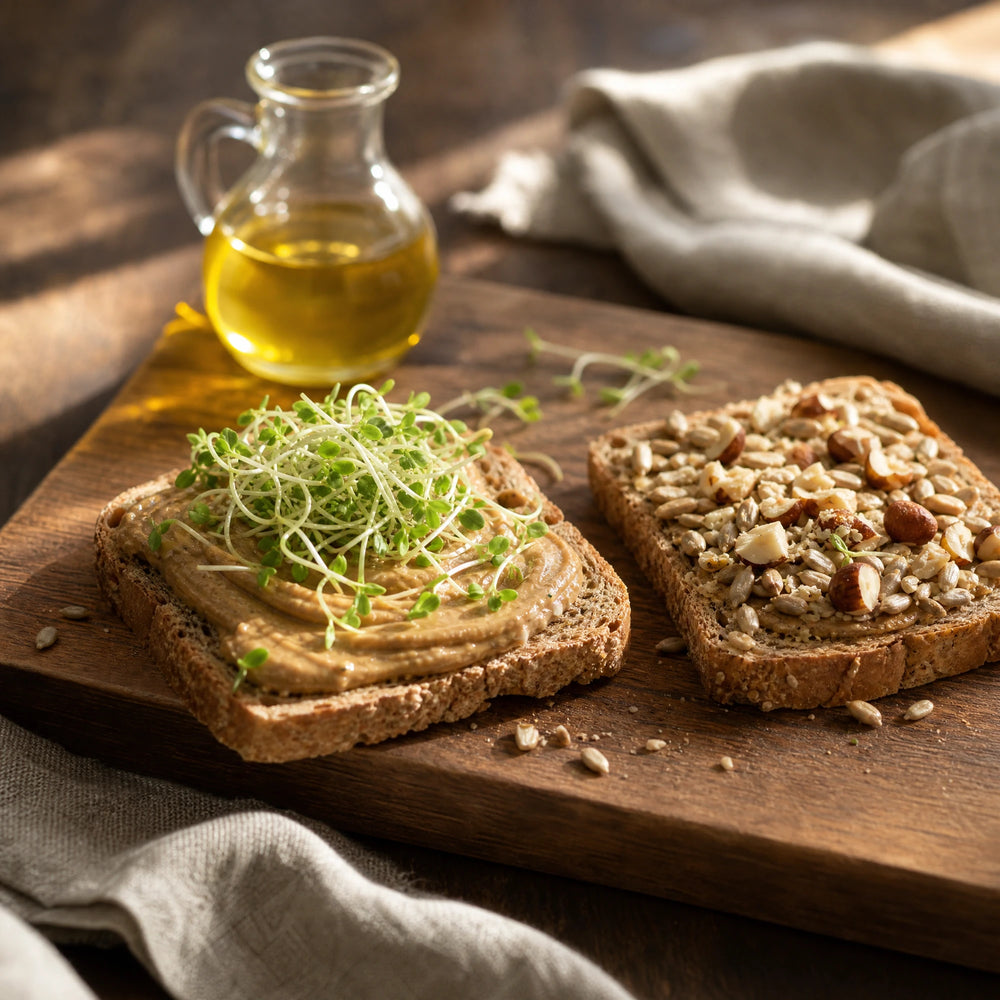 Vollkornbrot mit Nüssen, Samen, Öl und frischen Sprossen als pflanzliche Vitamin-E-Quellen